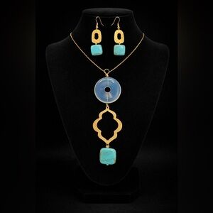 Gold, Opalite, Turquoise Pendant Necklace and Earring Set